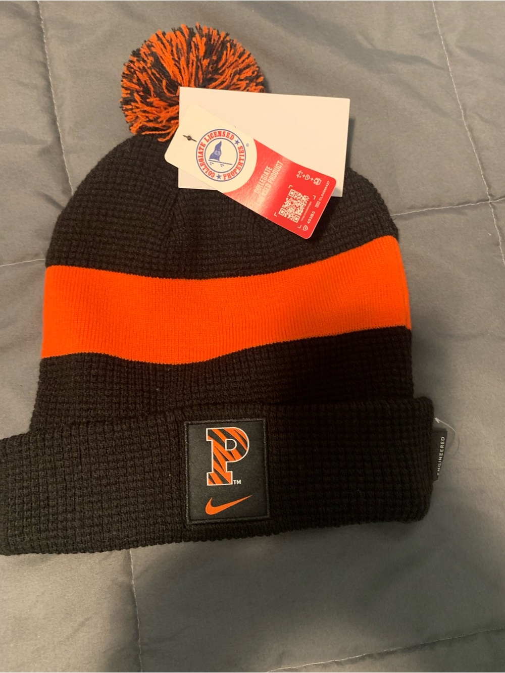 Nike Black and Orange Pom-Stripe Beanie NWT